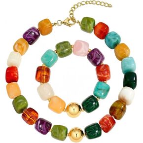 Colorful Chunky Beaded Necklaces and Bracelet for Women Blue Resin Bold Statement Beaded Necklaces Oversized Boho Beach Jewelry in Saudi Arabia