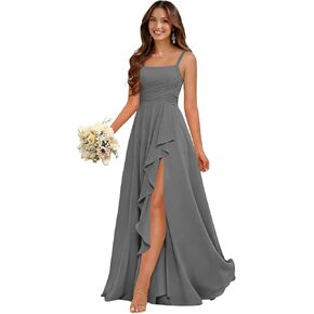 Junior Chiffon Bridesmaid Dresses Long for Women Ruched Square Neck Formal Dress with Slit in Saudi Arabia