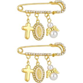 Cottvott St. Benedict Safety Pin Crystals Brooch Lapel Pins with Cross Pendant Our Lady Guadalupe Medal Imitation Pearl Brooch for Women Backpack Clothing Badges in Kuwait