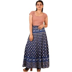 Cotton Long Maxi Wrap Skirt, Floral Block Print, Indigo Blue in Saudi Arabia
