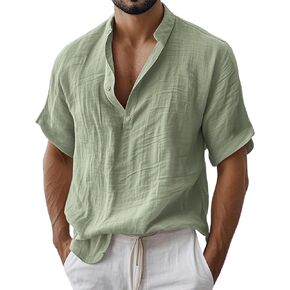 Linen Henley Shirts for Men Short Sleeve Button Shirt Casual Summer T Shirts Lightweight Breathable Beach Vacation Tops in Saudi Arabia