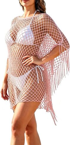 Swimsuit Cover Up for Women, Hollow Out Crochet Beach Cover Up with Fringe, Sheer Bikini Coverup for Pool and Beach in Kuwait