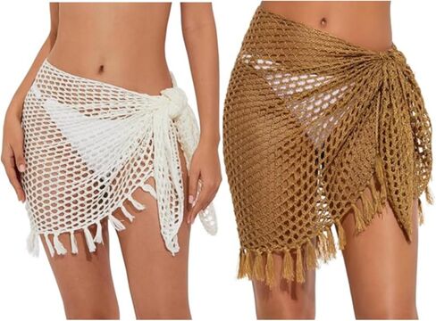 Zonon 2 Pcs Crochet Sarong Coverups for Women Short Beach Fishnet Skirt See Thru Fashion Beach Crochet Tie Side Bathing Suit in Kuwait