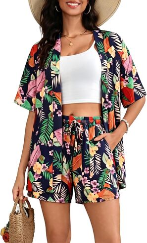 طقم ملابس سباحة للسيدات من SWOMOG Hawaiian Tropical Print مكون من قطعتين - بلوزة فضفاضة بأكمام قصيرة وسروال قصير للشاطئ الصيفي S-XXL in Kuwait