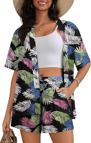 طقم ملابس سباحة للسيدات من SWOMOG Hawaiian Tropical Print مكون من قطعتين - بلوزة فضفاضة بأكمام قصيرة وسروال قصير للشاطئ الصيفي S-XXL in Kuwait