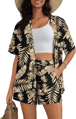 طقم ملابس سباحة للسيدات من SWOMOG Hawaiian Tropical Print مكون من قطعتين - بلوزة فضفاضة بأكمام قصيرة وسروال قصير للشاطئ الصيفي S-XXL in Kuwait