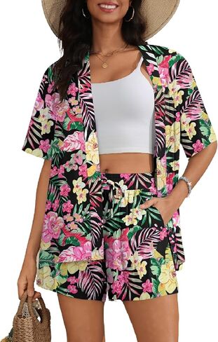 طقم ملابس سباحة للسيدات من SWOMOG Hawaiian Tropical Print مكون من قطعتين - بلوزة فضفاضة بأكمام قصيرة وسروال قصير للشاطئ الصيفي S-XXL in Kuwait
