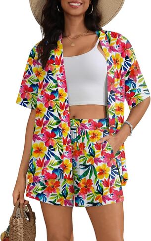 طقم ملابس سباحة للسيدات من SWOMOG Hawaiian Tropical Print مكون من قطعتين - بلوزة فضفاضة بأكمام قصيرة وسروال قصير للشاطئ الصيفي S-XXL in Kuwait