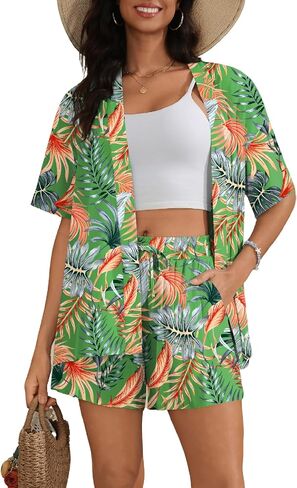 طقم ملابس سباحة للسيدات من SWOMOG Hawaiian Tropical Print مكون من قطعتين - بلوزة فضفاضة بأكمام قصيرة وسروال قصير للشاطئ الصيفي S-XXL in Kuwait
