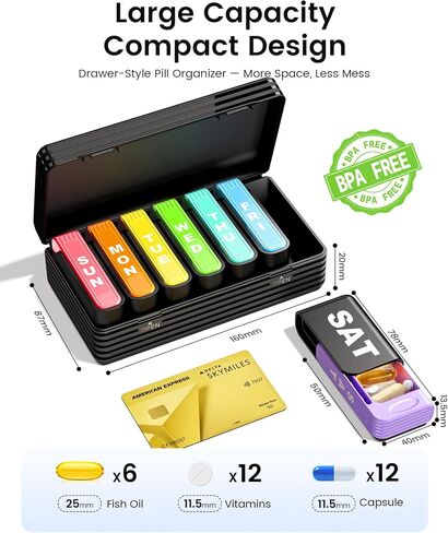 Daviky Pill Organizer 1 Time a Day, Drawer Style 7 Day Pill Case with Detachable Daily Boxes, Large Capacity Travel Pill Organizer for Vitamins, Fish Oil, Supplements, Color Coded in Saudi Arabia