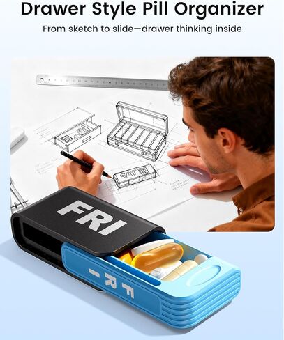 Daviky Pill Organizer 1 Time a Day, Drawer Style 7 Day Pill Case with Detachable Daily Boxes, Large Capacity Travel Pill Organizer for Vitamins, Fish Oil, Supplements, Color Coded in Saudi Arabia