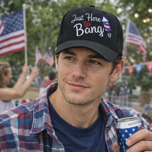 Just Here to Bang Hat Funny Sarcastic Fourth of July Novelty Baseball Cap Funny Hats Patriotic Cool Sarcastic Novelty Caps for Men Black - Standard in Kuwait