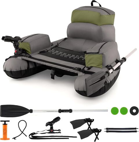 GYMAX Fishing Float Tube, 350lbs Portable Fishing Boat with Adjustable Shoulder Straps, Manual Pump, Paddle, Flippers, Fishing Rod Holder & Fish Ruler, Inflatable Adult Belly Boat for Fishing in Saudi Arabia