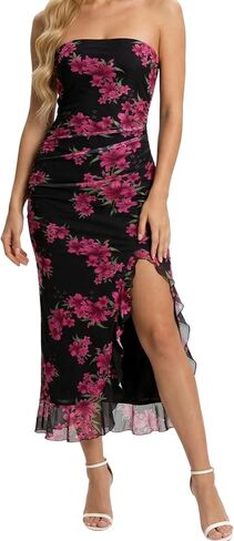 Women's Floral Strapless Maxi Dresses Off The Shoulder Bodycon with Ruffle Dress Formal Wedding Guest Cocktail Party in Kuwait