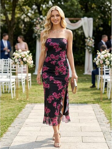 Women's Floral Strapless Maxi Dresses Off The Shoulder Bodycon with Ruffle Dress Formal Wedding Guest Cocktail Party in Kuwait