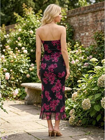 Women's Floral Strapless Maxi Dresses Off The Shoulder Bodycon with Ruffle Dress Formal Wedding Guest Cocktail Party in Kuwait
