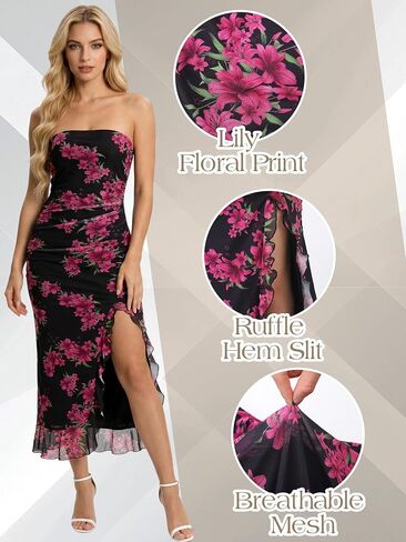 Women's Floral Strapless Maxi Dresses Off The Shoulder Bodycon with Ruffle Dress Formal Wedding Guest Cocktail Party in Kuwait