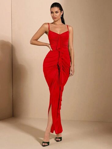 فستان SKAYS نسائي صيفي مكشكش شبكي أنيق منقسم Bodycon ماكسي لحفلات الزفاف in Kuwait