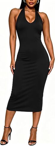 Women's Midi Halter Bodycon Dresses - Summer Casual Backless Leopard Cheetah Print Club Party Fitted Long Tight Dress in Saudi Arabia