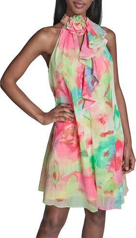 Karl Lagerfeld Women's Sleeveless Halter Printed Lurex Clip Chiffon a Line Dress in Kuwait