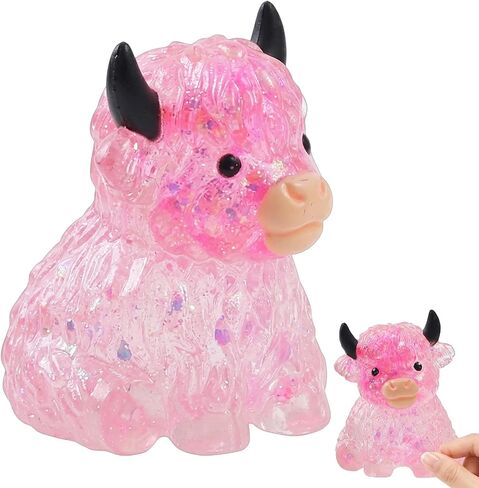 Highland Cow Squishies, Cow Squishies Stress Relief Tool with Glitter Details, Slow-Rising Fidget Ball for Anxiety Management, Portable Pink Desk Decor for Cow Lovers and Collectors in Saudi Arabia