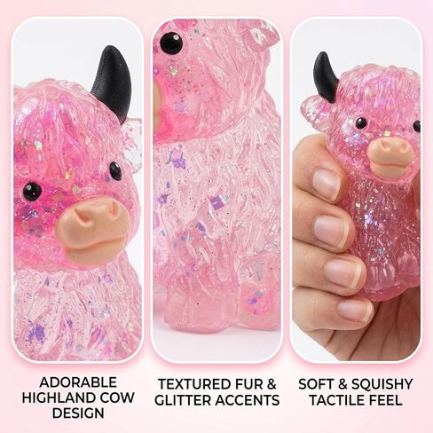 Highland Cow Squishies, Cow Squishies Stress Relief Tool with Glitter Details, Slow-Rising Fidget Ball for Anxiety Management, Portable Pink Desk Decor for Cow Lovers and Collectors in Saudi Arabia