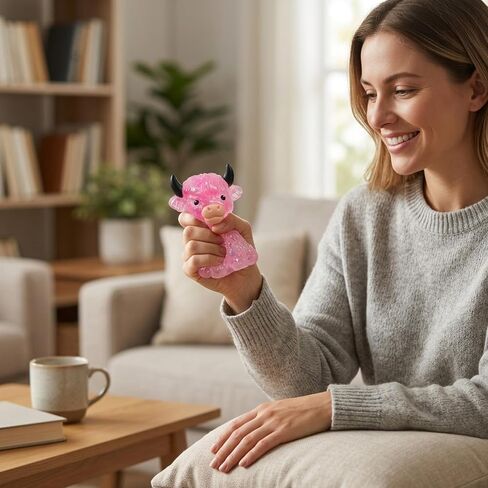 Highland Cow Squishies, Cow Squishies Stress Relief Tool with Glitter Details, Slow-Rising Fidget Ball for Anxiety Management, Portable Pink Desk Decor for Cow Lovers and Collectors in Saudi Arabia