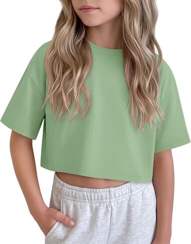 Girls Crop Tops Oversized Short Sleeve Shirts Tween Kids Drop Shoulder Athletic Shirts Crewneck Summer Basic Tees in Kuwait