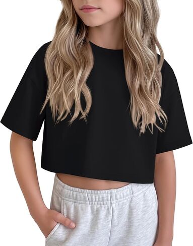Girls Crop Tops Oversized Short Sleeve Shirts Tween Kids Drop Shoulder Athletic Shirts Crewneck Summer Basic Tees in Saudi Arabia