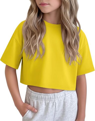 Girls Crop Tops Oversized Short Sleeve Shirts Tween Kids Drop Shoulder Athletic Shirts Crewneck Summer Basic Tees in Saudi Arabia