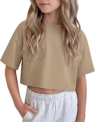 Girls Crop Tops Oversized Short Sleeve Shirts Tween Kids Drop Shoulder Athletic Shirts Crewneck Summer Basic Tees in Saudi Arabia