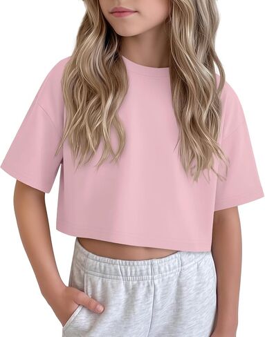 Girls Crop Tops Oversized Short Sleeve Shirts Tween Kids Drop Shoulder Athletic Shirts Crewneck Summer Basic Tees in Saudi Arabia