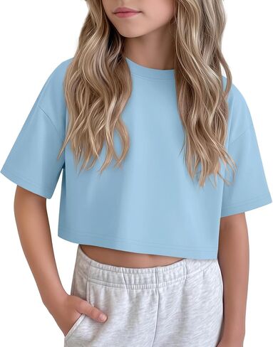 Girls Crop Tops Oversized Short Sleeve Shirts Tween Kids Drop Shoulder Athletic Shirts Crewneck Summer Basic Tees in Saudi Arabia