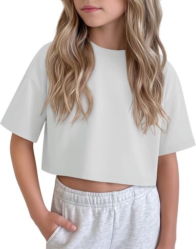Girls Crop Tops Oversized Short Sleeve Shirts Tween Kids Drop Shoulder Athletic Shirts Crewneck Summer Basic Tees in Saudi Arabia