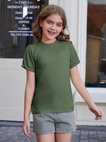 ZDC Girls Ruffle Short Sleeve T Shirt Summer Casual Crew Neck Tops Loose Fit Basic Tees in Saudi Arabia