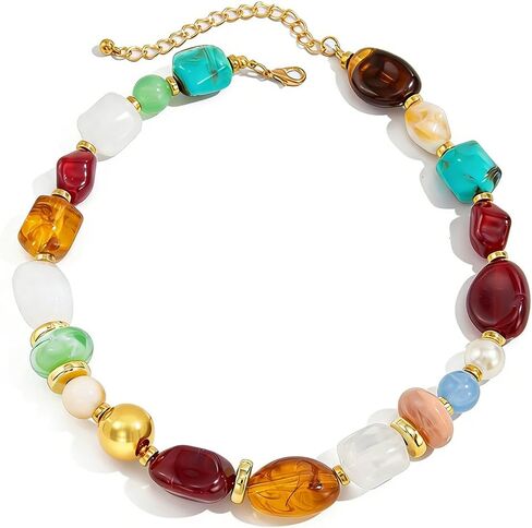 Colorful Chunky Beaded Necklace for Women Boho Irregular Resin Statement Necklace Adjustable Choker Necklace Trendy Resin Jewelry for Women in Saudi Arabia
