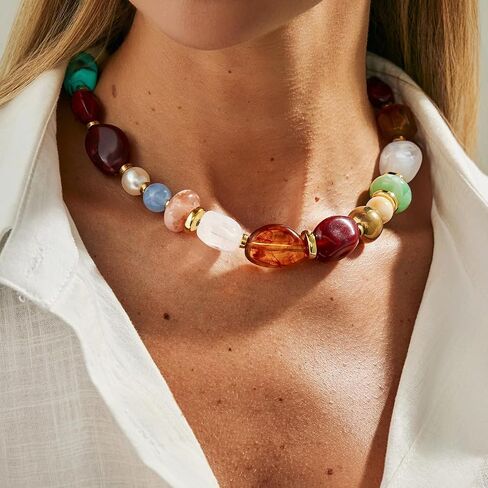 Colorful Chunky Beaded Necklace for Women Boho Irregular Resin Statement Necklace Adjustable Choker Necklace Trendy Resin Jewelry for Women in Saudi Arabia