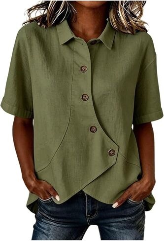 Cotton Linen Shirts for Women Asymmetrical Button Collared Blouses Short Sleeve Tops for Work Business Casual in Saudi Arabia