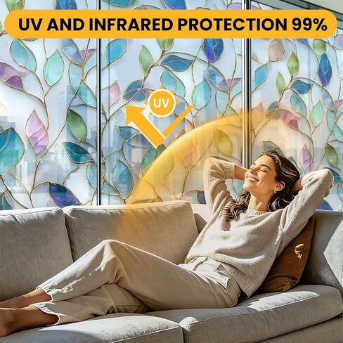 Rainbow One Way Window Privacy Film, UV Heat Blocking Stained Glass Window Tint Static Cling Non-Adhesive for Home Office 17.5" x 78.7" in Saudi Arabia