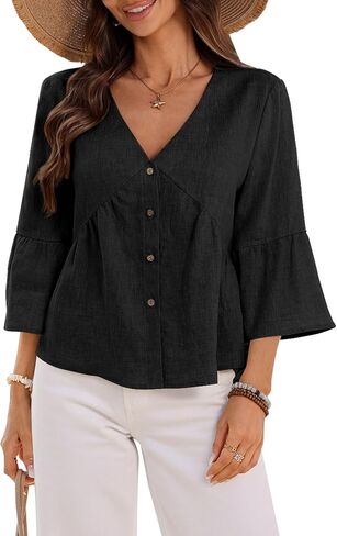 Women's 100% Linen Button Shirt 3/4 Sleeve Cropped Ruffle Peplum Tops V Neck Button up Babydoll Tops in Saudi Arabia