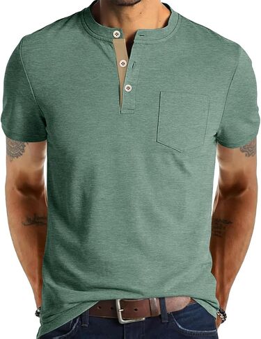 Men's Henley Shirts Short Sleeve Button T-Shirts Casual Summer Classic Pocket Tee Top in Kuwait