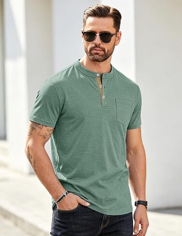Men's Henley Shirts Short Sleeve Button T-Shirts Casual Summer Classic Pocket Tee Top in Kuwait