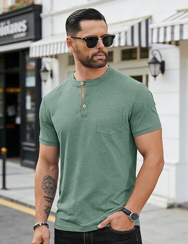 Men's Henley Shirts Short Sleeve Button T-Shirts Casual Summer Classic Pocket Tee Top in Kuwait