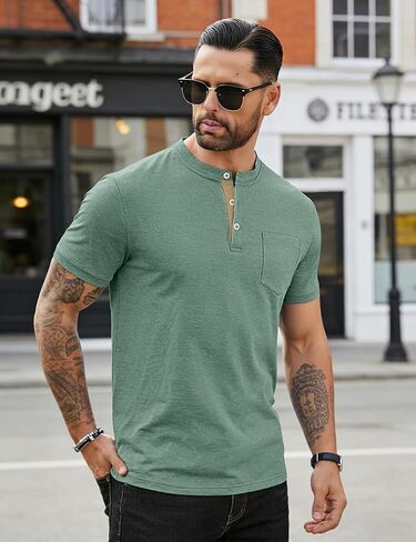 Men's Henley Shirts Short Sleeve Button T-Shirts Casual Summer Classic Pocket Tee Top in Kuwait