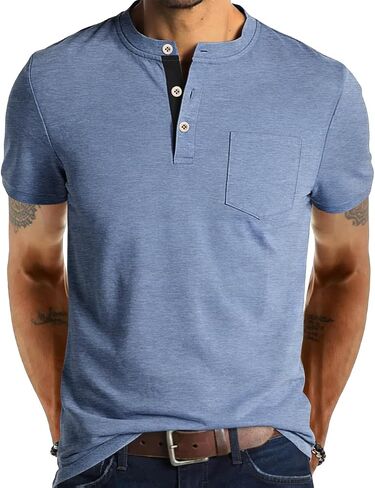 Men's Henley Shirts Short Sleeve Button T-Shirts Casual Summer Classic Pocket Tee Top in Kuwait