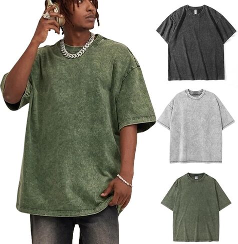 Multiple Packs Men's Oversized Vintage Acid Wash Cotton T-Shirts Unisex Loose Fit Short Sleeve Casual Drop Shoulder Tops Tees in Saudi Arabia