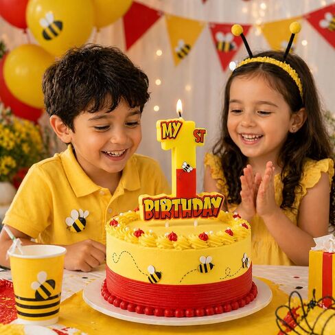 Yellow & Red Themed 1 Birthday Candles, 3.5x3.2in Birthday Cake Topper Candle for Baby Shower, 1st Birthday Party Decorations & Supplies in Saudi Arabia