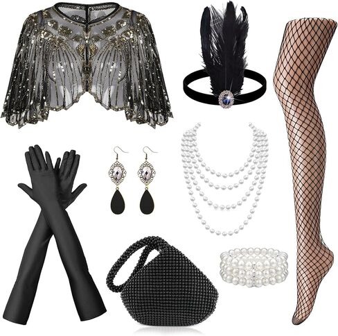 1920s Flapper Accessories Set for Women Great Gatsby Accessories with Headband Gloves Sequin Shawl Clutch Evening Bag Roaring 20s Costume for Party Black in Saudi Arabia