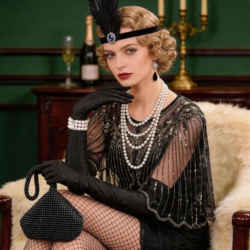 1920s Flapper Accessories Set for Women Great Gatsby Accessories with Headband Gloves Sequin Shawl Clutch Evening Bag Roaring 20s Costume for Party Black in Saudi Arabia