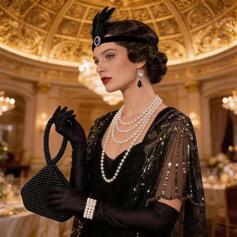 1920s Flapper Accessories Set for Women Great Gatsby Accessories with Headband Gloves Sequin Shawl Clutch Evening Bag Roaring 20s Costume for Party Black in Saudi Arabia